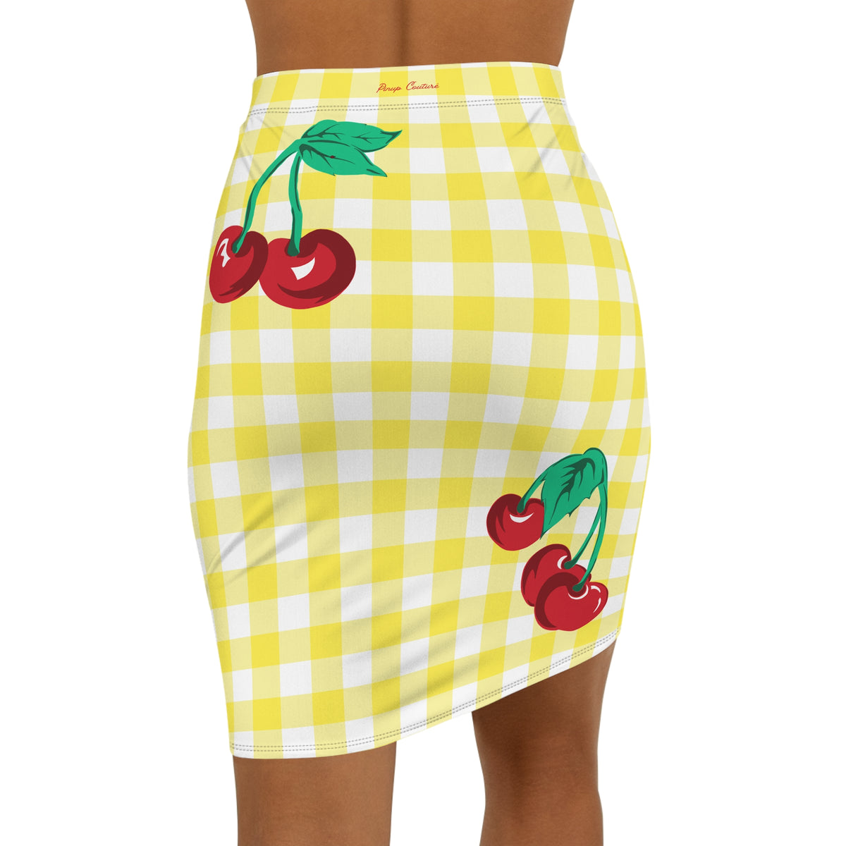 Women's 1990s Fitted Mini Skirt in Yellow Gingham Vintage Cherries Print