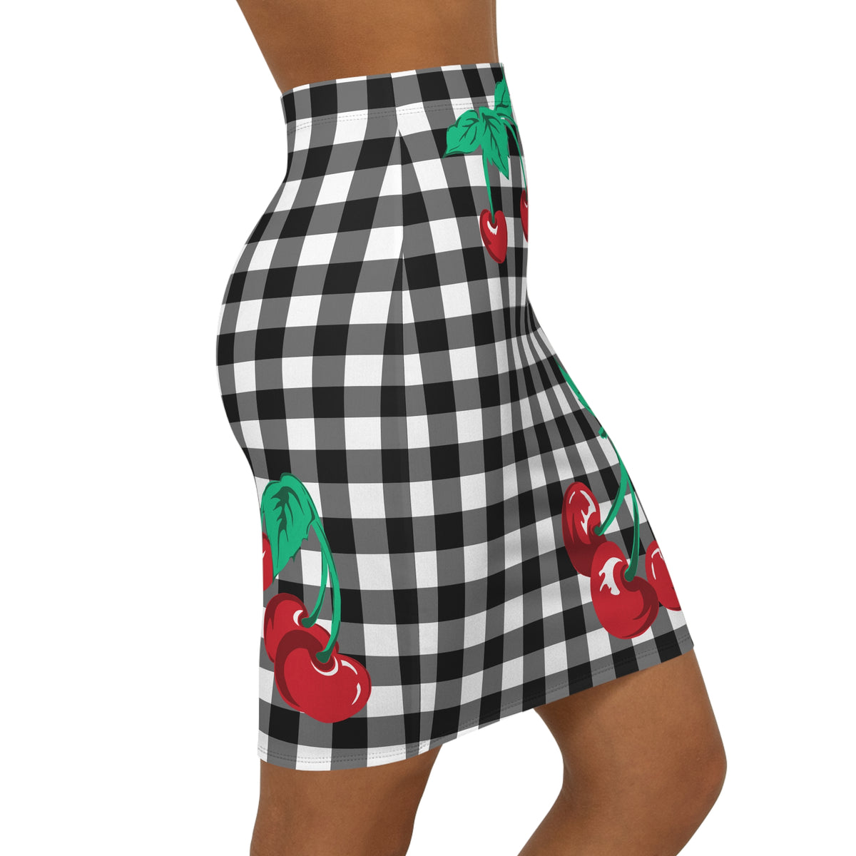 Women's 1990s Fitted Mini Skirt in Black Gingham Vintage Cherries Print