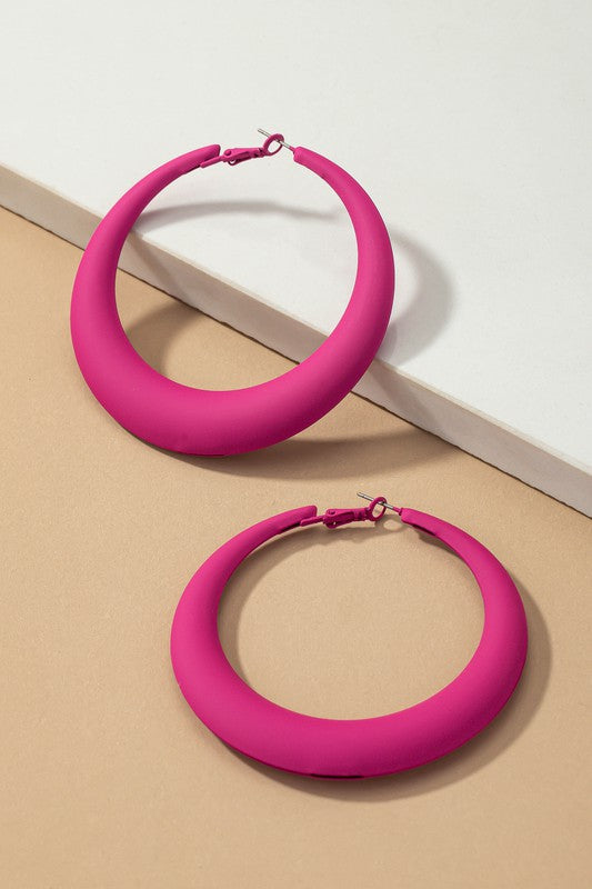 Large 80s Vintage color coated puffy hoop earrings in Black, White, Fuchsia or Electric Blue