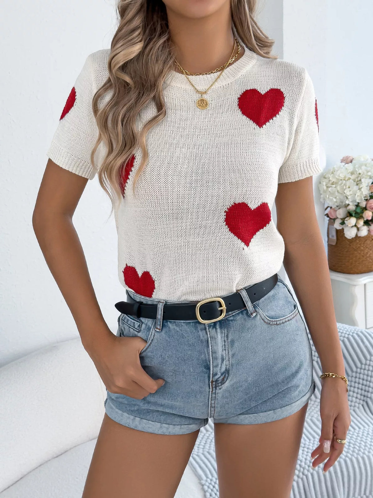 Amour Cherie heart-print short-sleeve knit top by Pinup Girl Clothing