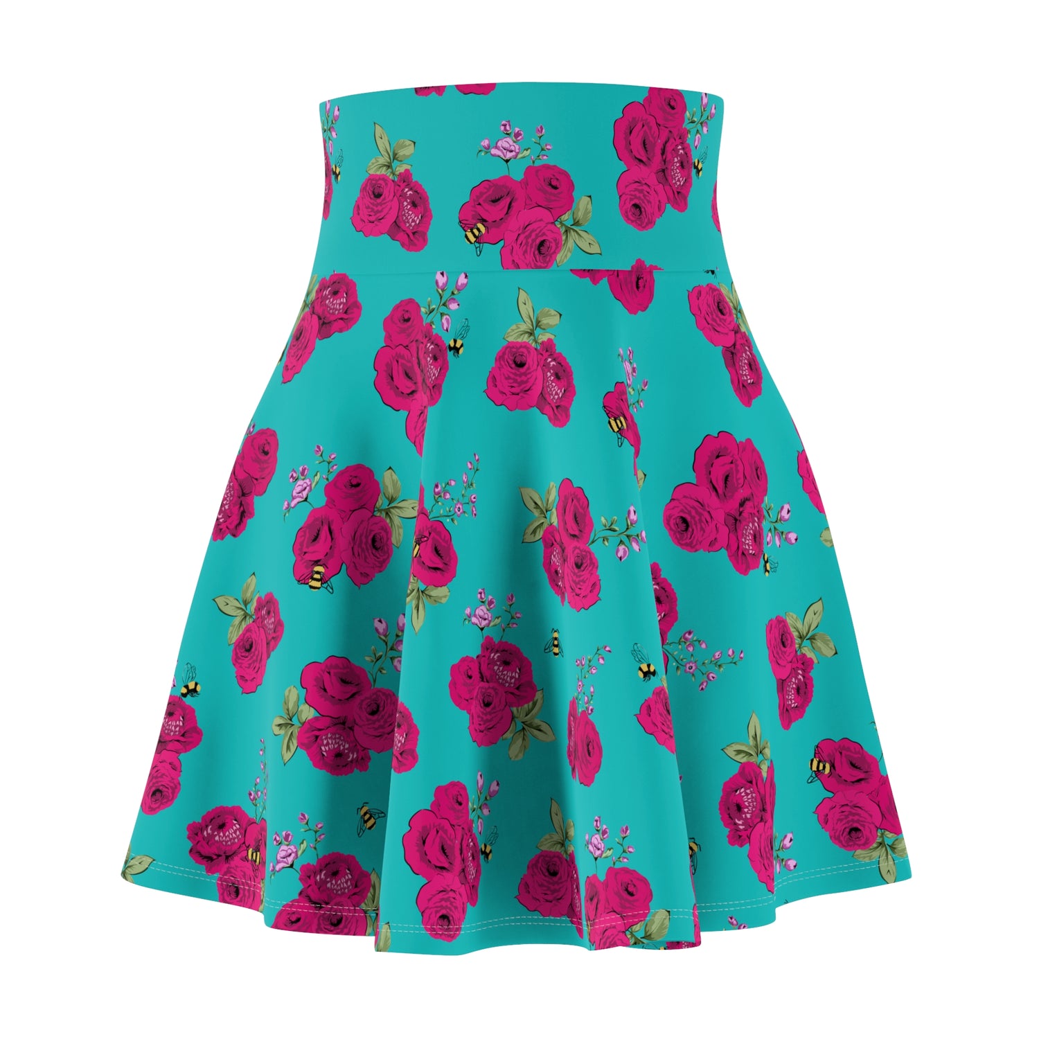 Turquoise Bee Floral high-waisted skater skirt swim coverup with a rose print, by Pinup Girl Clothing
