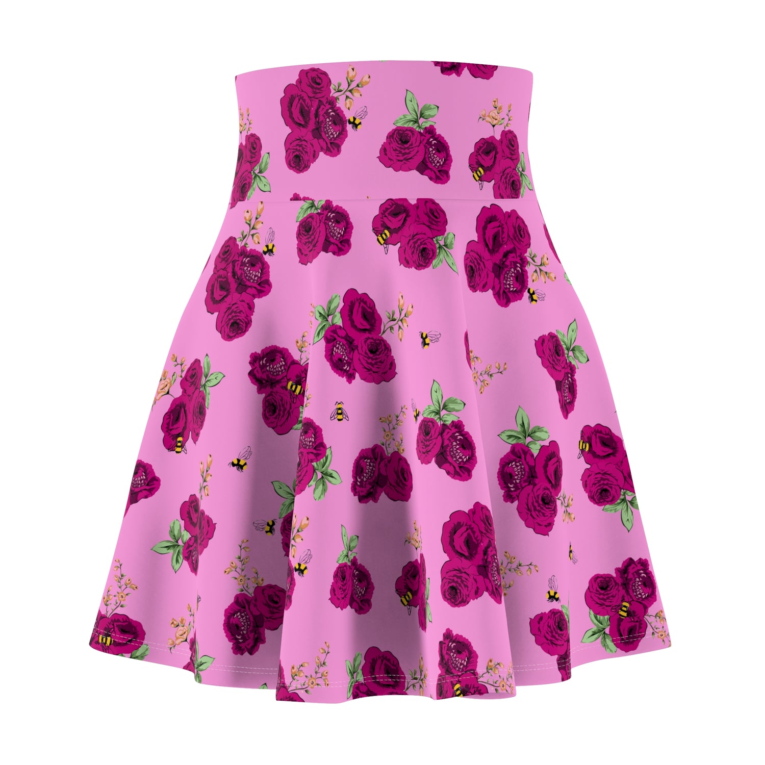 Pink Bee Floral high-waisted skater skirt swim coverup with a vintage rose print, by Pinup Girl Clothing