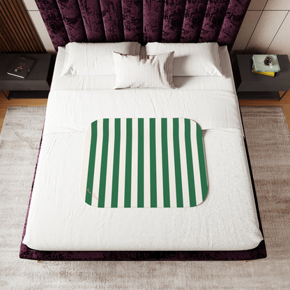 Ultra Fuzz Green and White Mark Stripe Print Sherpa Blanket — Reversible Two‑Tone Cozy Throw | Pinup Couture