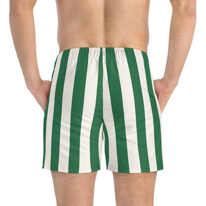 Green and White Mark Stripe Men's Swim Trunks | Pinup Couture Swim