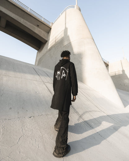 Black longline hoodie with hood up