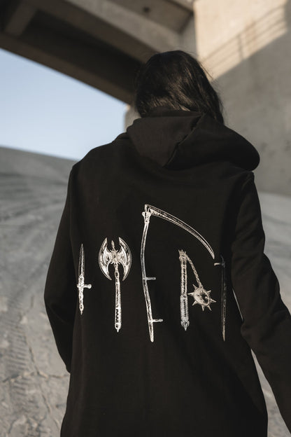 Longline black cotton terry hoodie, mid-thigh length