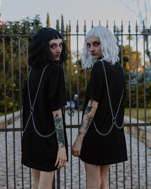Sacrifiant silver chain body harness by The Pretty Cult