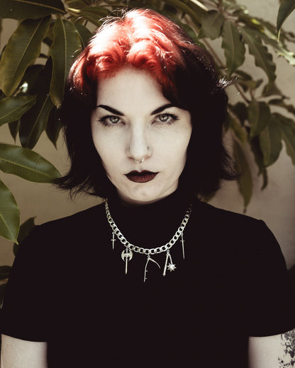 Model wearing the Van Helsing silver charm choker