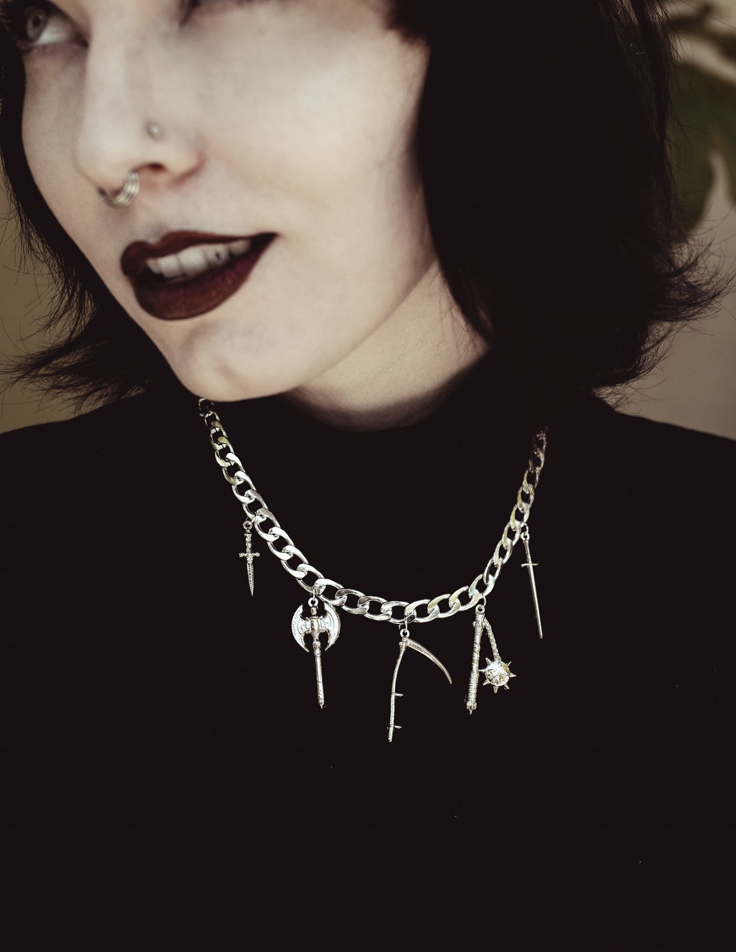 Van Helsing silver choker necklace styled on model
