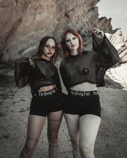 Black satin Blood Oath pasties, silver glitter sigil detail