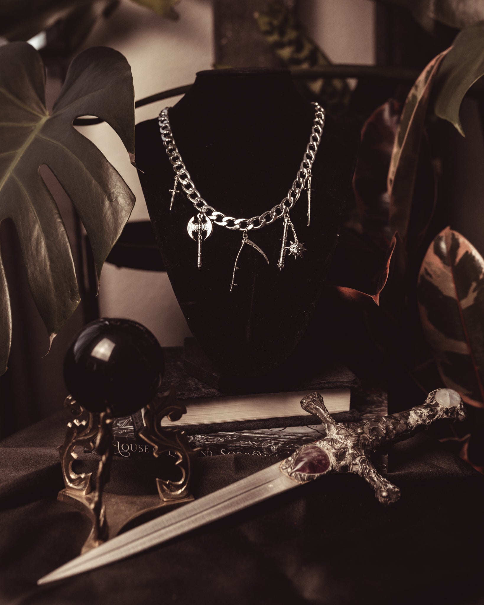 Van Helsing silver charm choker worn with black
