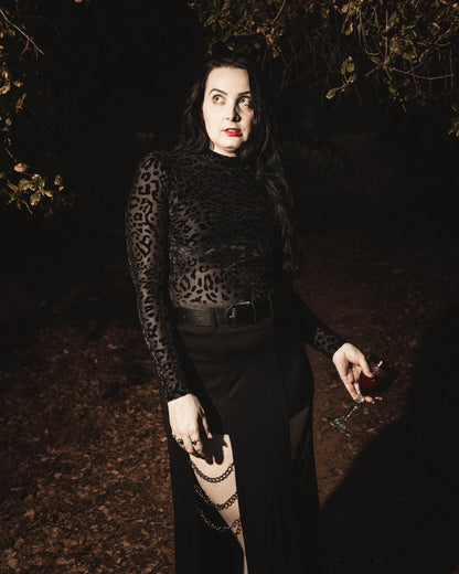 Black leopard burnout velvet top with long sleeves