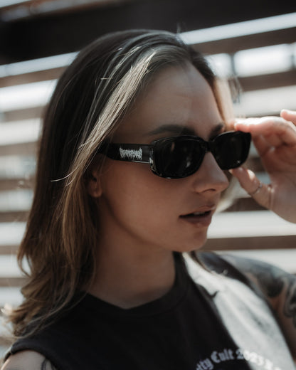 Black Metal shiny black rectangular sunglasses, front view, The Pretty Cult