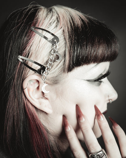 Double Moon silver hair clips shown with the chain and moon charms, The Pretty Cult