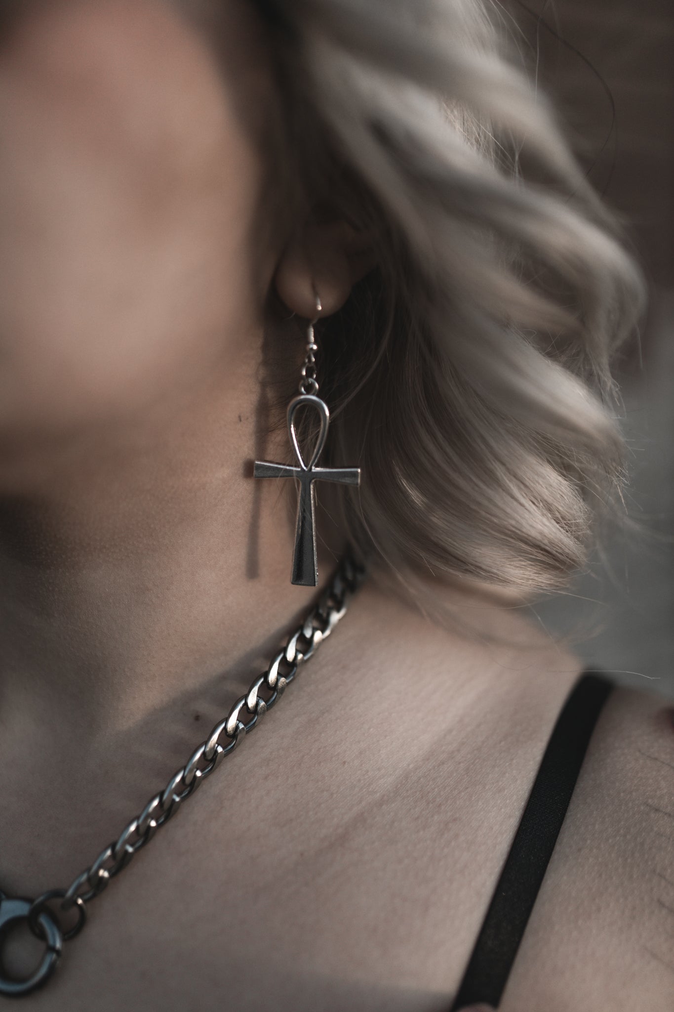 Silver ankh drop earrings shown as a pair, The Pretty Cult