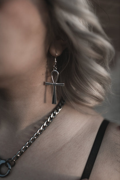 Silver ankh drop earrings shown as a pair, The Pretty Cult