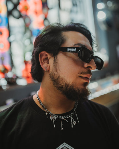 Black Metal black sunglasses styled with all black clothing, The Pretty Cult