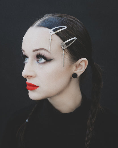 Sword silver hair clips styled in braided hair, The Pretty Cult