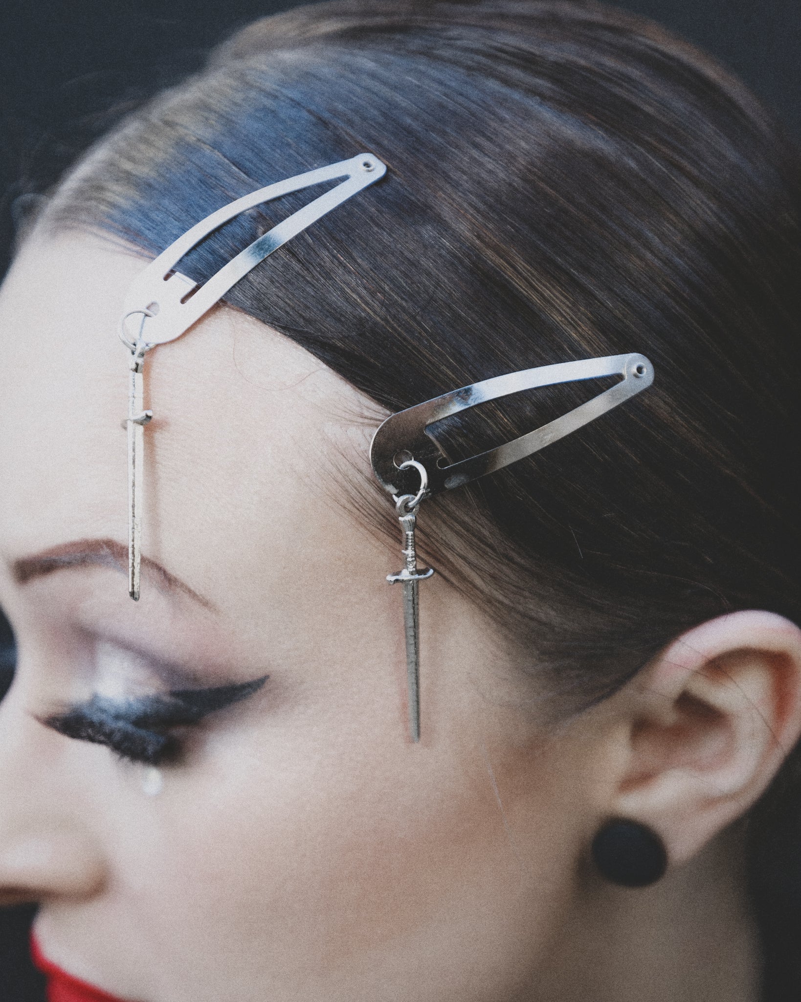 Close-up of the silver sword charms on the Sword hair clips, The Pretty Cult