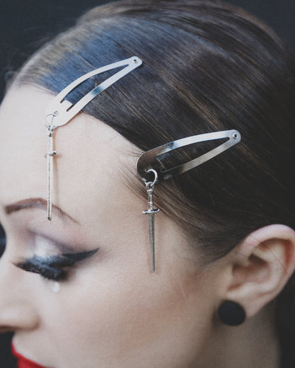 Close-up of the silver sword charms on the Sword hair clips, The Pretty Cult