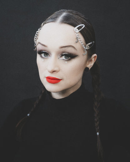 Double Moon silver hair clips draped across a center part, The Pretty Cult