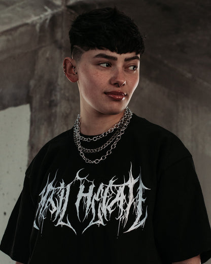 Covet silver layered chain necklace styled on model