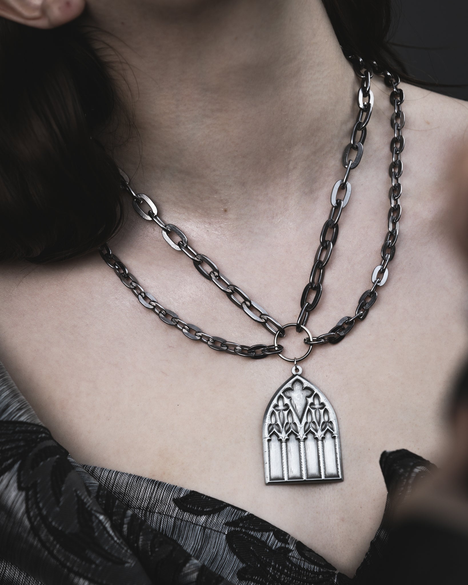 Model wearing the Dark Sacrament silver double chain necklace