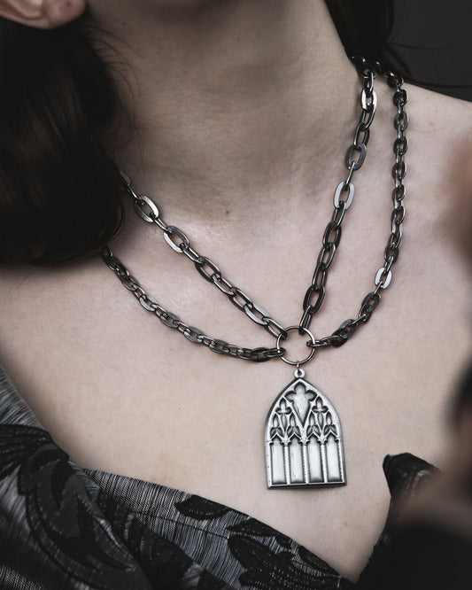 Model wearing the Dark Sacrament silver double chain necklace