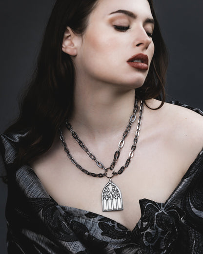 Dark Sacrament silver gothic window pendant necklace by The Pretty Cult
