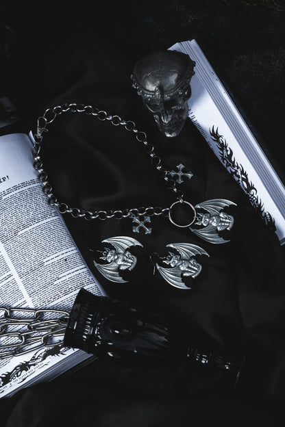 Pair of Lethal antiqued silver gargoyle cat earrings, The Pretty Cult