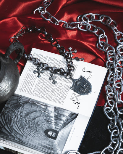 Le Fay silver shield necklace styled on model