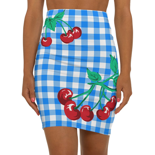 Paris 90's Vintage Stretch Mini Skirt in Blue Gingham Cherry Print