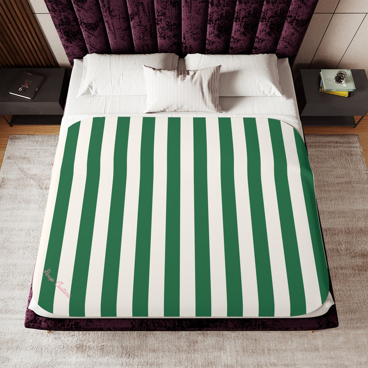 Ultra Fuzz Green and White Mark Stripe Print Sherpa Blanket ��� Reversible Two���Tone Cozy Throw