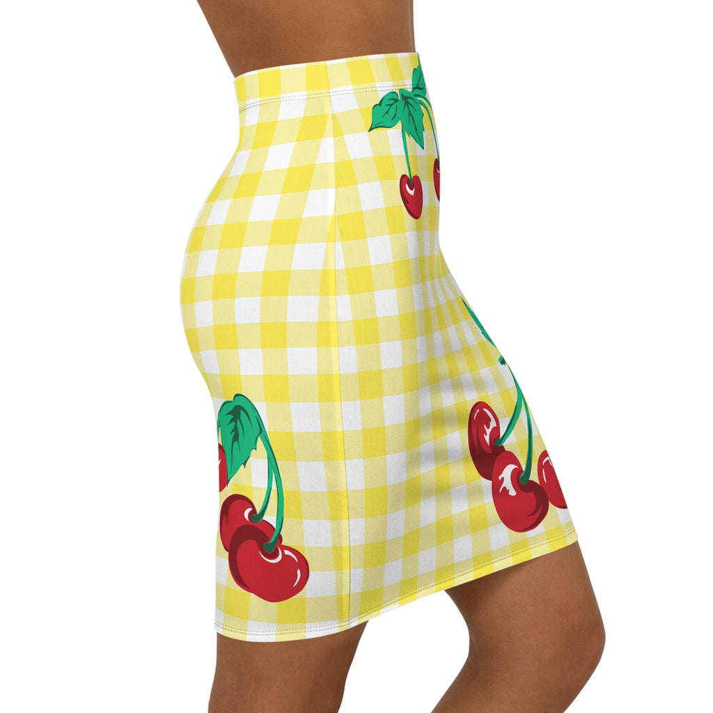 Women's 1990s Fitted Mini Skirt in Yellow Gingham Vintage Cherries Print