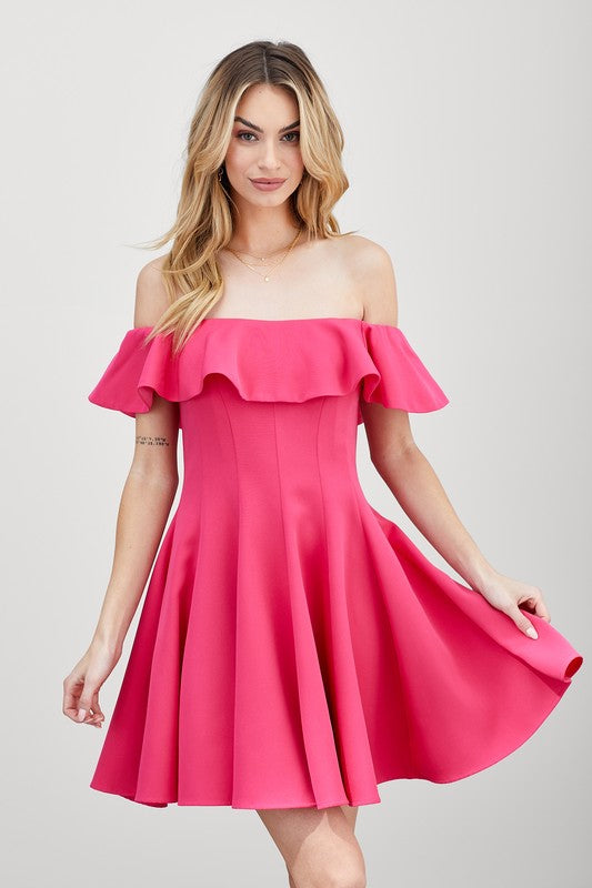 Alice Fit and Flare Pinup Off Shoulder Ruffle Mini Dress in Lime, Pink or White