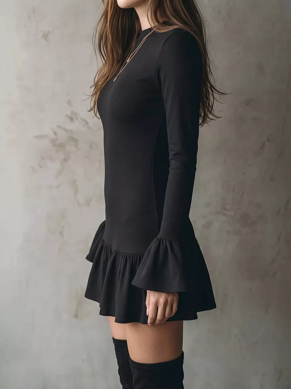 Ravenna bell sleeve ruffle hem mini dress in black side view