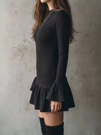 Ravenna bell sleeve ruffle hem mini dress in black side view