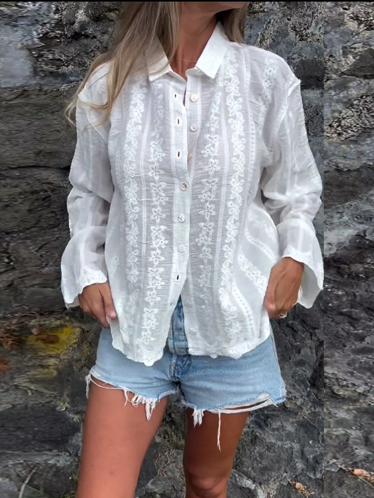 Botanical Charm floral embroidered button-up top by Pinup Girl Clothing, sizes XS to 4X.
