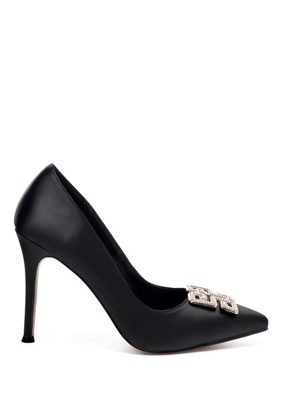 Priyanka Stiletto Black Satin Pointed Toe Crystal Brooch High Heel Pumps | Rag Company