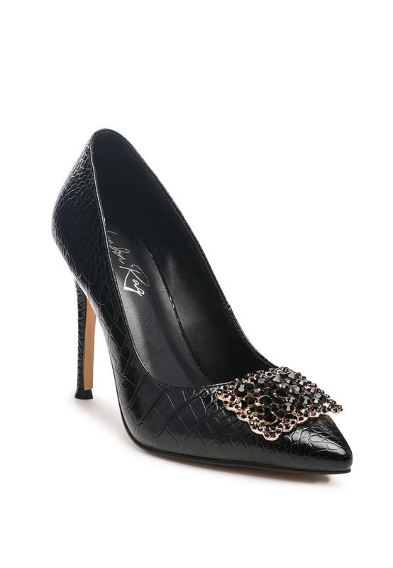 Cirrus Faux-Snakeskin Pointed Toe Crystal Brooch Stiletto Pumps | Rag Company