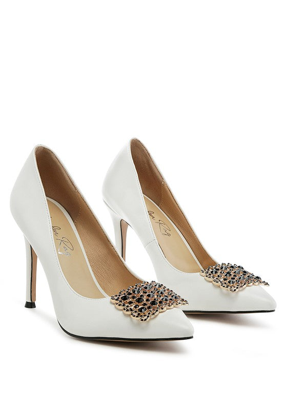 Cirrus Faux-Snakeskin Pointed Toe Crystal Brooch Stiletto Pumps | Rag Company