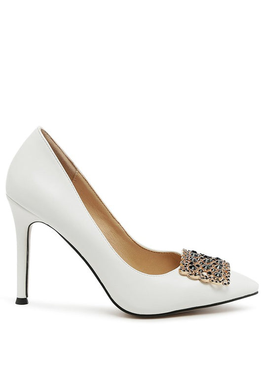 Ava Midcenntury Stiletto Pumps with Brooch Detail | White or Black  | Rag Company