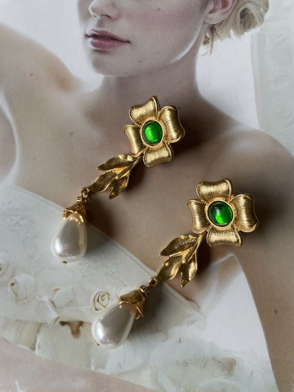 Vintage Reniassance Earrings Faux Gold Green Glass Pearl Drop | Sifides Jewelry