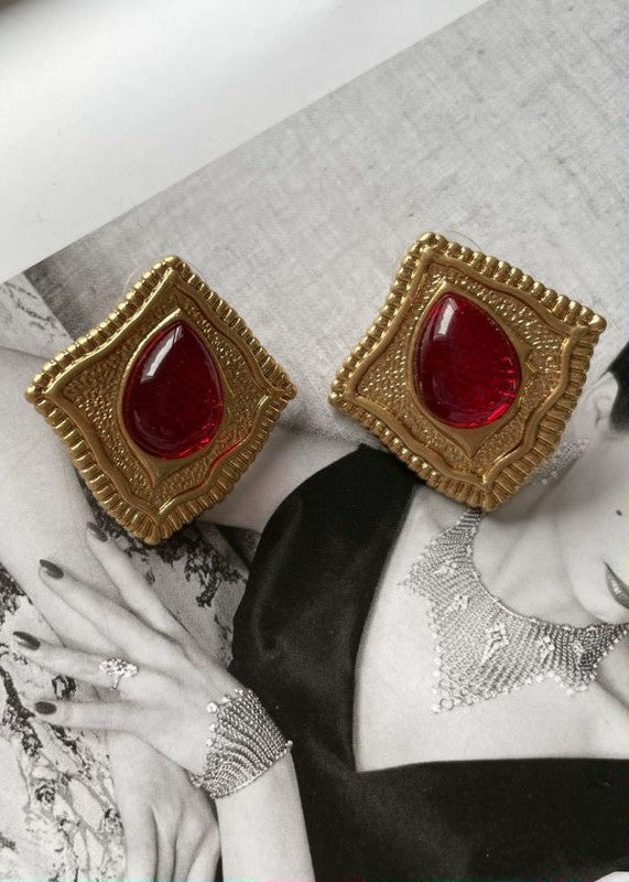 Vintage Gold Retro style red glass jelly stud earrings | Sifides Jewelry