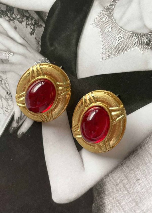 Cesarina Medieval Style Red Glass & Faux Gold Stud Earrings | Sifides Jewelry