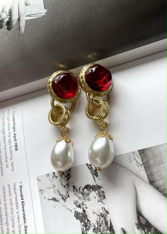 Courtier Vintage Style Faux Gold & Red Glass Pearl Drop Earrings | Sifides Jewelry