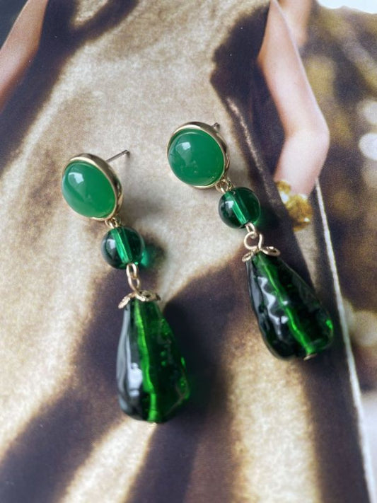 Vintage Royal Green Glass & Gold Dangle Earrings | Sifides Jewelry