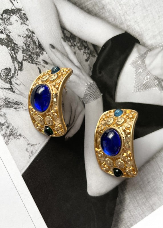 Medieval gold hoop jewel encrusted royal Vintage style blue color glass jelly earrings | Sifides Jewelry