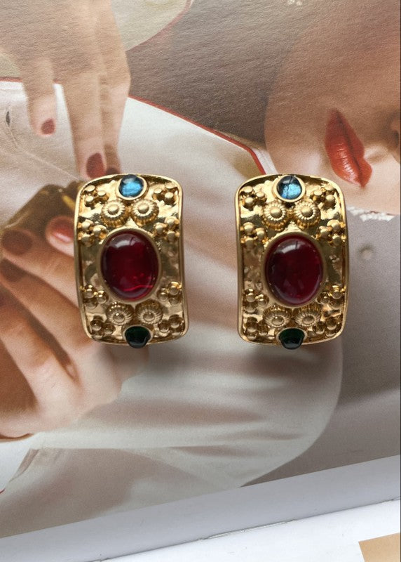 Medieval Gold Jeweled Hoop Renaissance vintage  style red color glass stud earrings | Sifides Jewelry