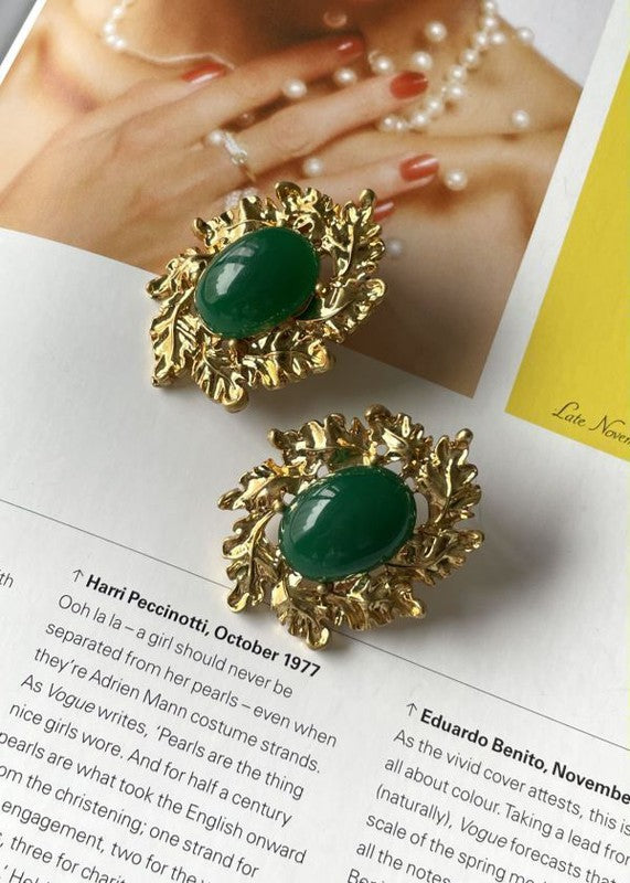 Versailles Vintage style faux gold green color glass stud earrings | Sifides Jewelry
